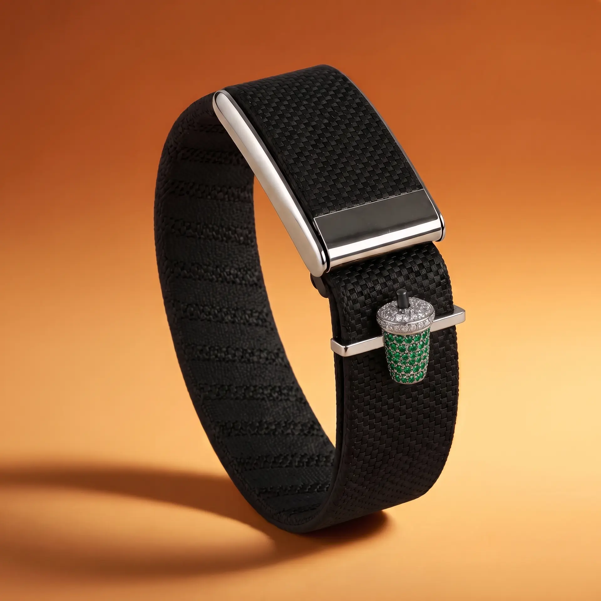 Black woven band with a silver to-go cup charm set with green and white stones
