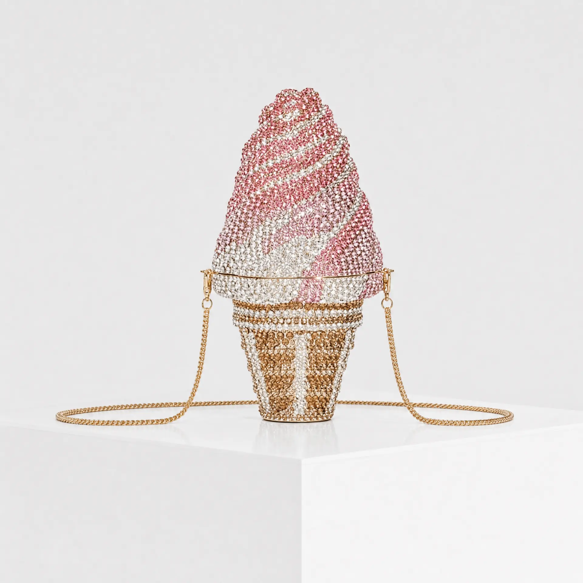 Crystal-encrusted ice cream cone minaudière clutch with a gold chain strap