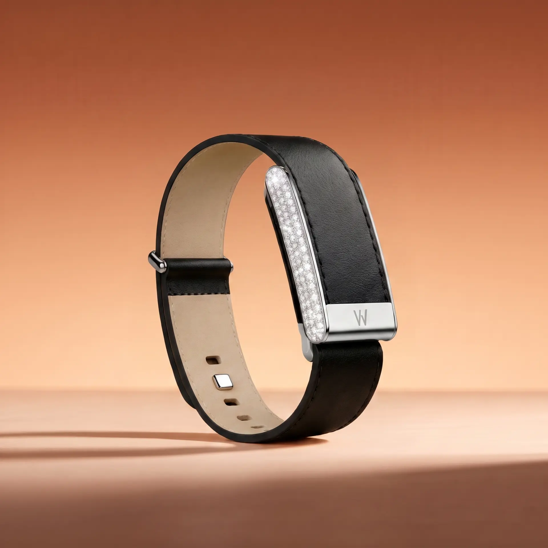 Black leather band with silver pavé bar