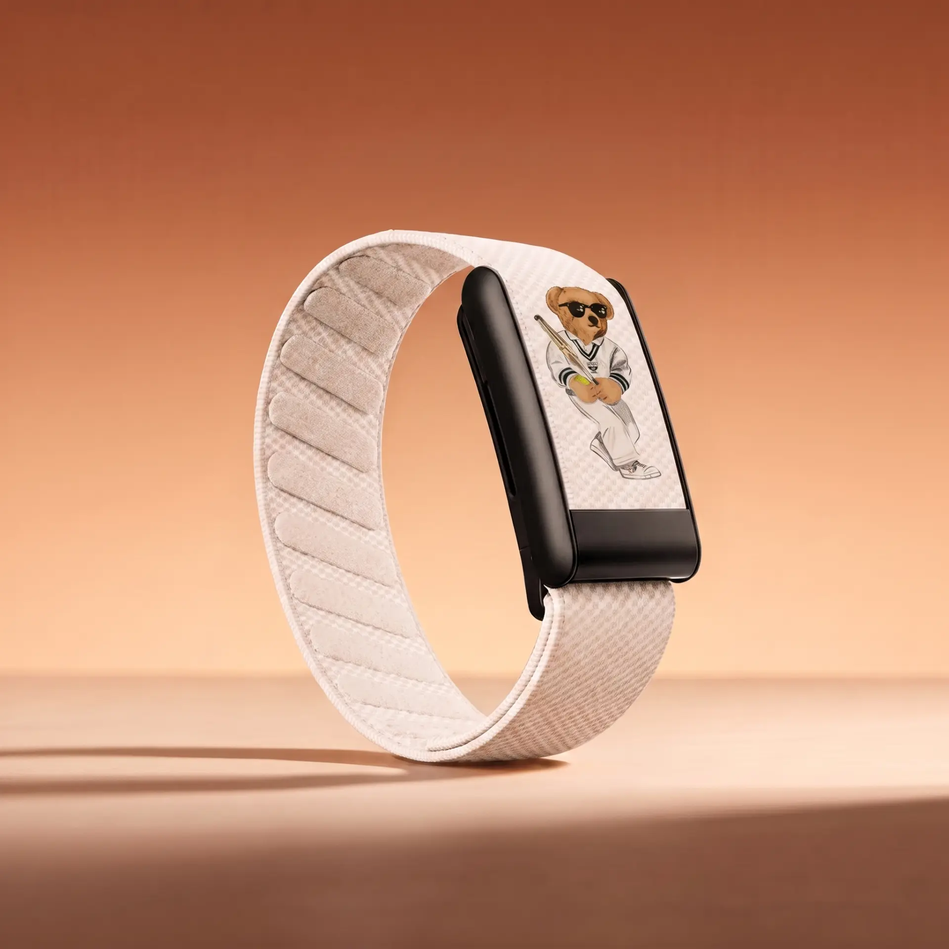 Cream band with a tennis bear print and matte black hardware