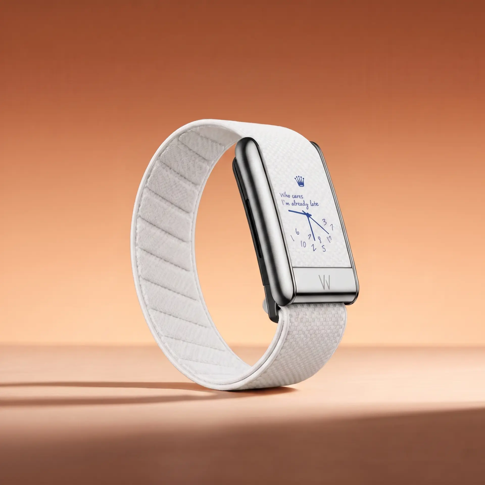 White band with a hand-drawn clock print and polished silver hardware